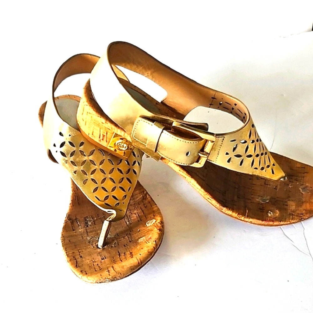 MICHAEL Michael Kors London Gold Metallic Laser-Cut Cork Wedge Sandals 8